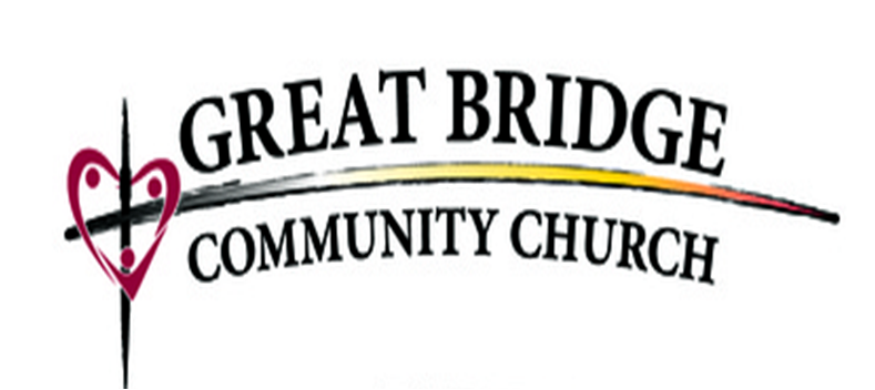 Logo for Great Bridge Community Church, with a heart and cross icon, black text, and a colored bar.