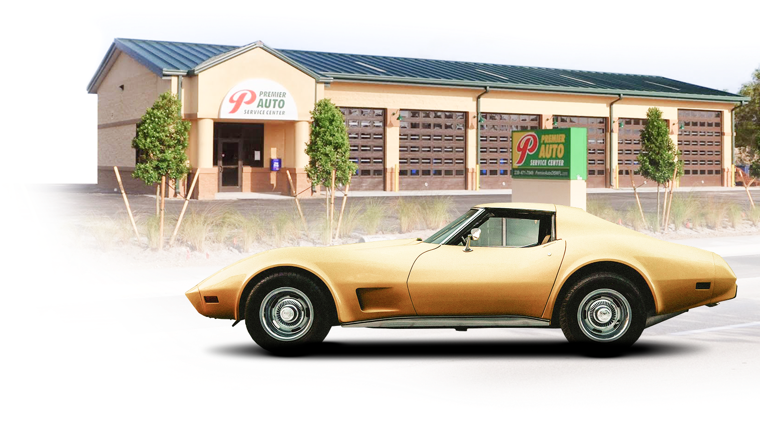 Tan Corvette parked in front of an auto repair shop. | Premier Auto Service Center