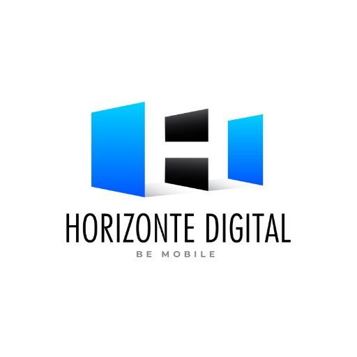 Um logotipo azul e preto para horizonte digital be mobile.
