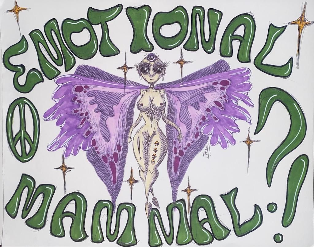 A fairy with purple wings, with text reading
