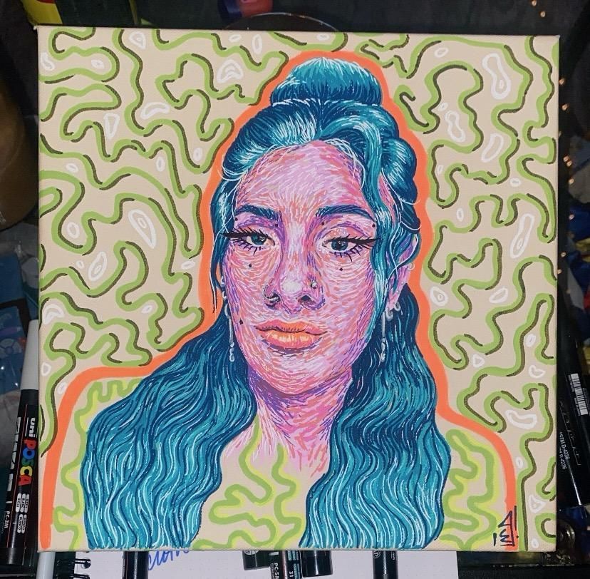 Portrait of a woman with blue hair and pink skin, surrounded by green and orange lines.