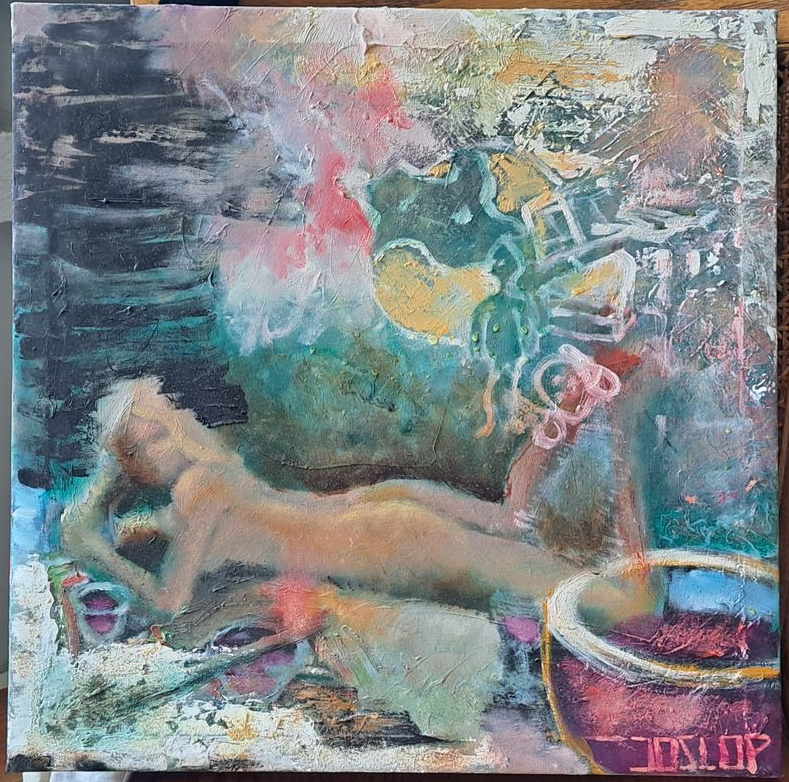 Nude figure reclining, soft skin tones, against abstract background of greens, pinks, and yellows; still life elements nearby.