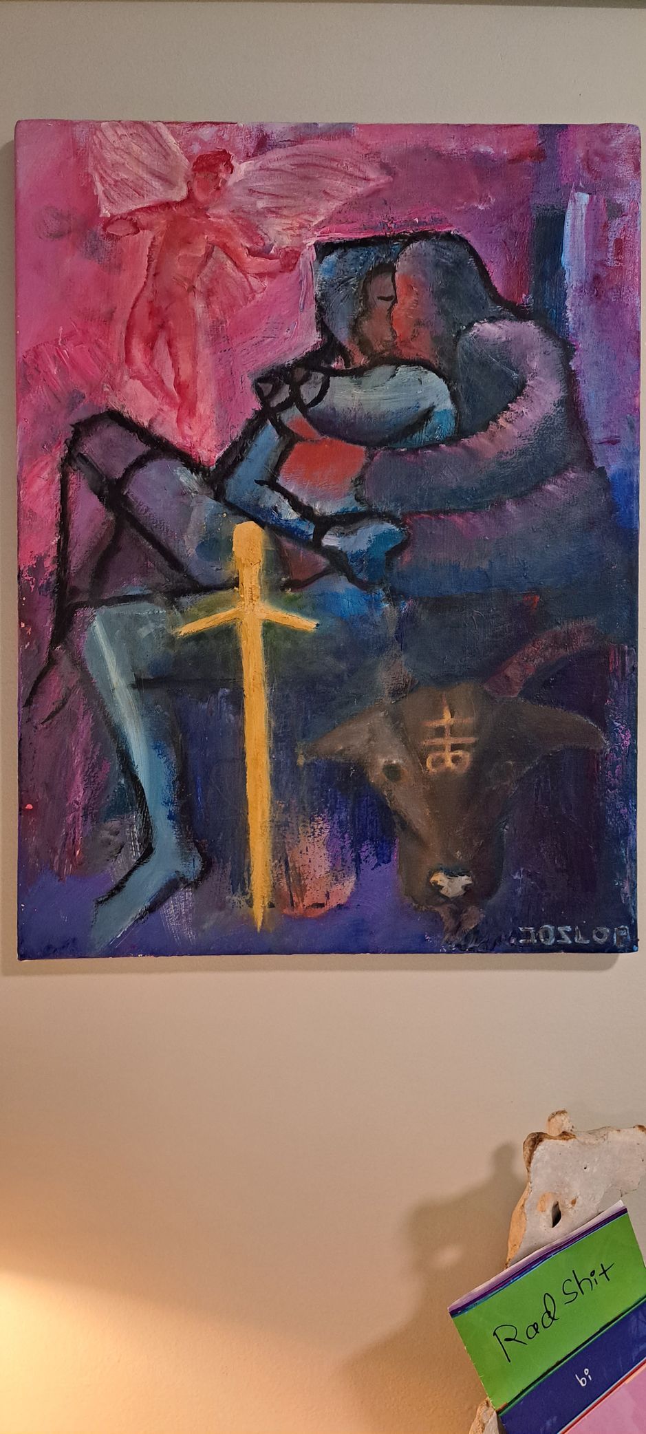 Painting of embracing figures kissing, a gold sword, and a dark animal against a purple backdrop.