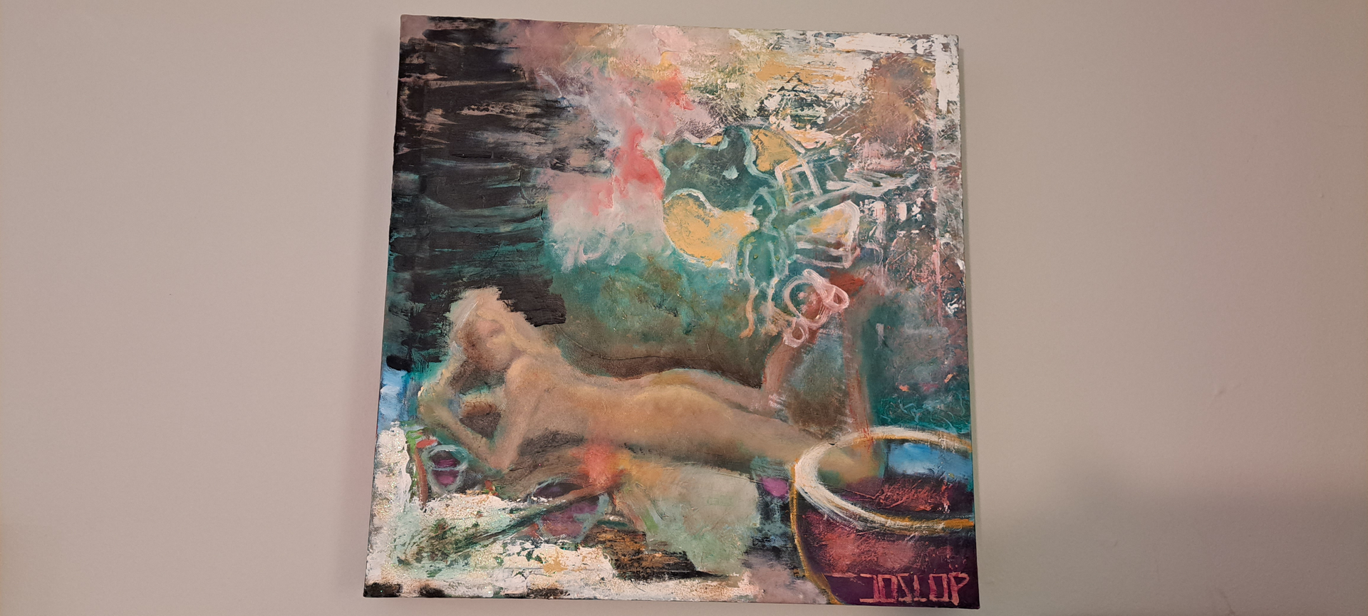 Painting of a nude figure reclining in a colorful setting with a pot.