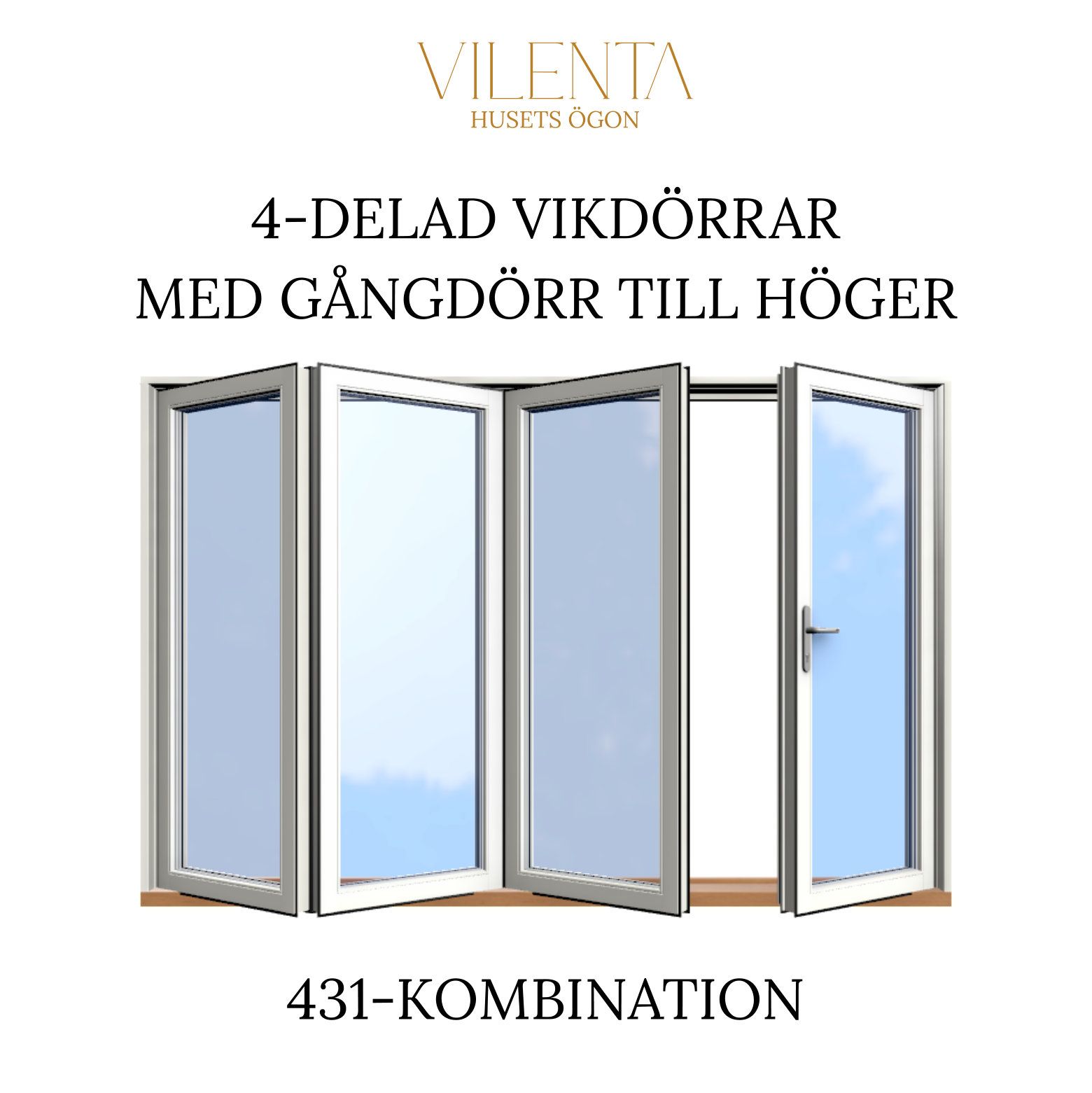 4-delad med gångdörr till höger och tre dörrblad till vänster. Så kallas 431-kombination.