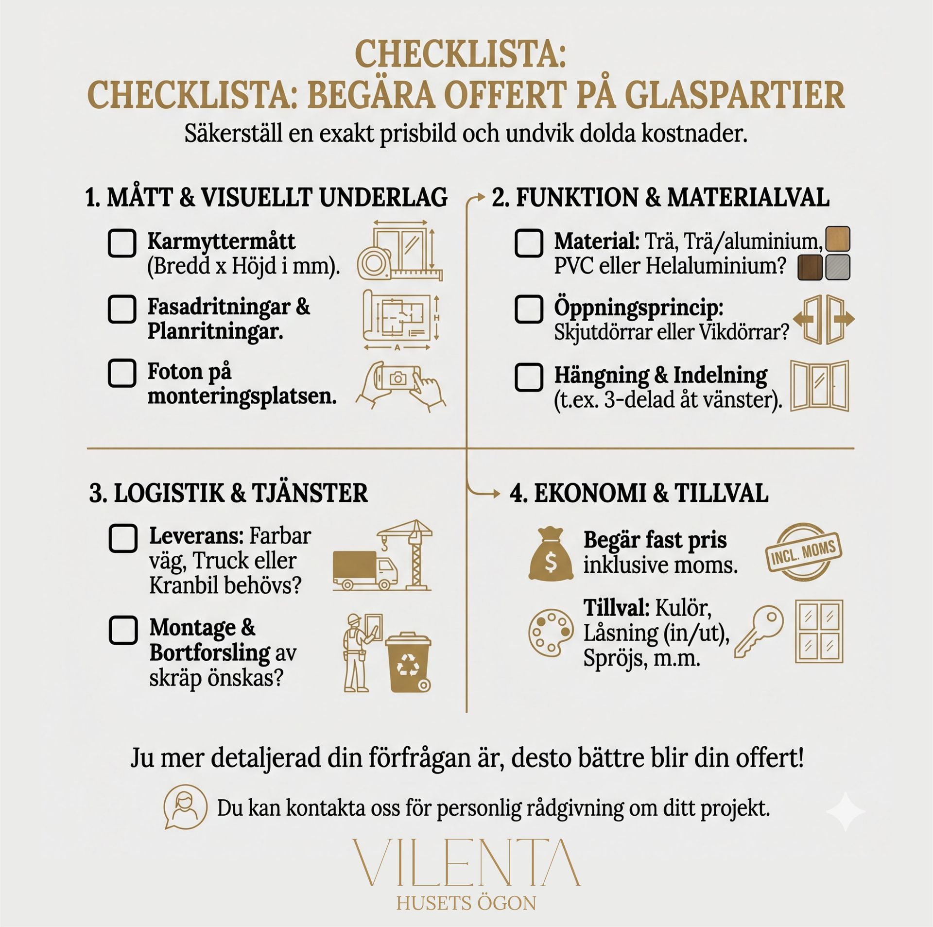 Checklista för offert på glaspartier: Mått, materialval, logistik och ekonomi för en exakt prisbild.