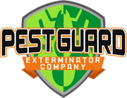 Logo for Pest Guard Exterminator Company: Shield with bug icon and text, "PEST GUARD" and "EXERMINATOR COMPANY."