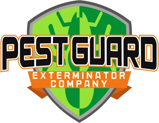Logo for Pest Guard Exterminator Company: Shield with bug icon and text, "PEST GUARD" and "EXERMINATOR COMPANY."