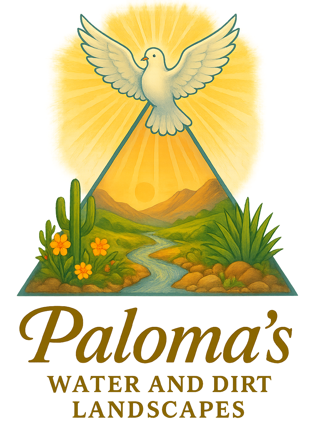 Paloma's Water and Dirt Landscapes: Dove above a desert landscape within a triangle; gold text below.