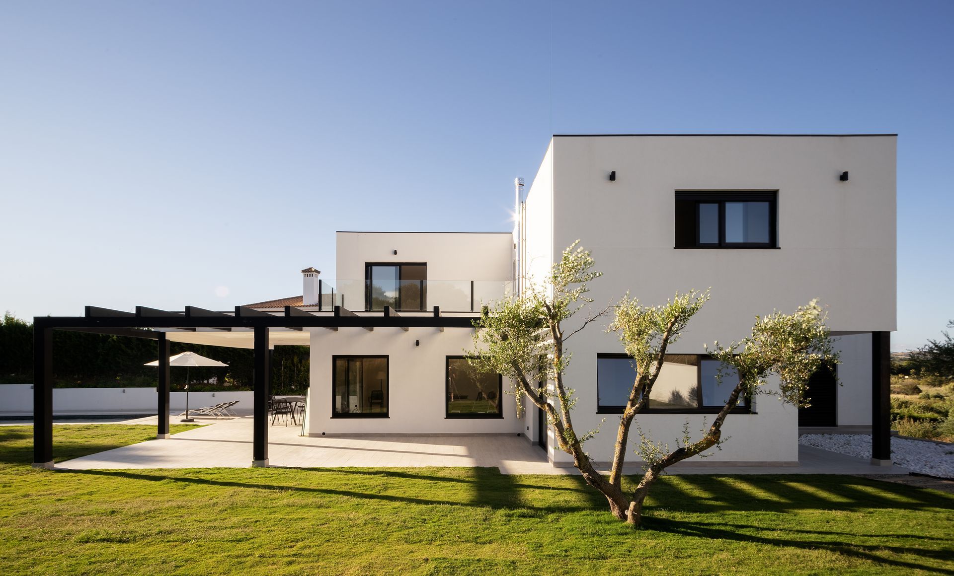 Modern white house with black accents, pergola, and olive tree on a sunny day.