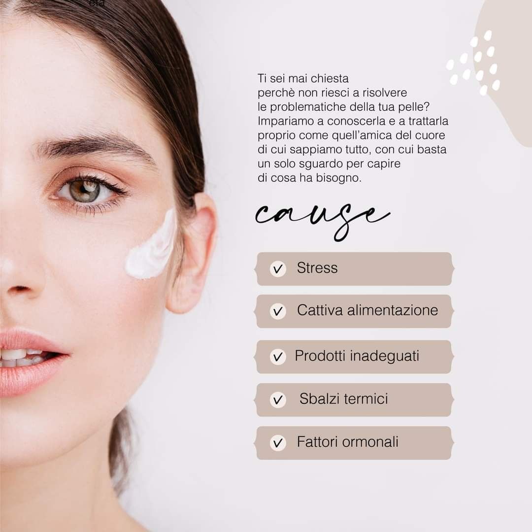 Viso di donna con un prodotto per la cura della pelle, il testo elenca le cause dei problemi della pelle: stress, cattiva alimentazione, prodotti sbagliati, tonici, ormoni.