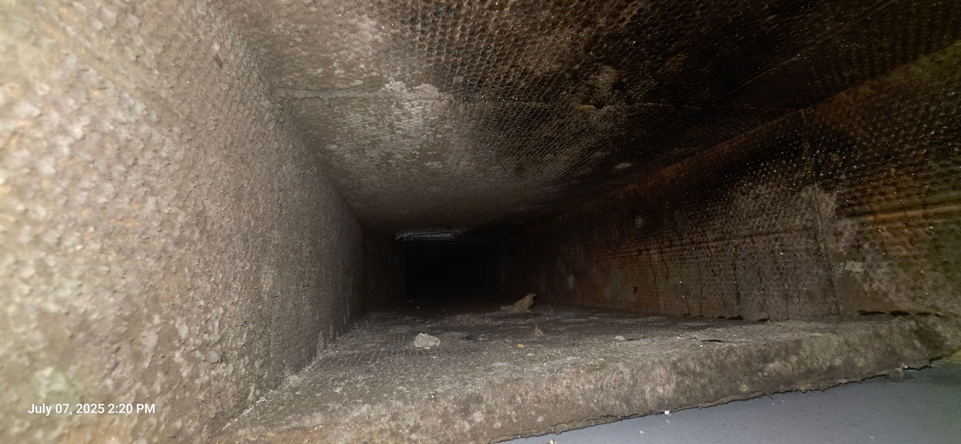 Inside a dusty air duct, coated with debris.