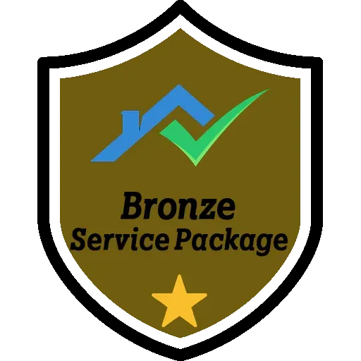 Bronze Service Package emblem: Shield with house and checkmark, gold star below.