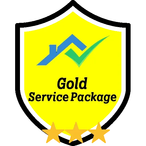 Gold service package badge with a house, check mark, and stars.