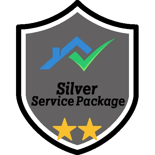 Silver service package badge with a house, checkmark, stars, and text.