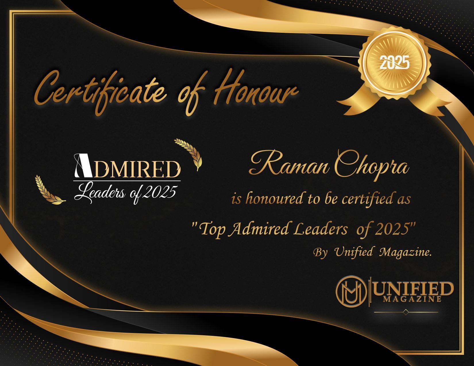 Black-and-gold certificate of honour for Raman Chopra, 2025 Top Admired Leader award from Unified Magazine