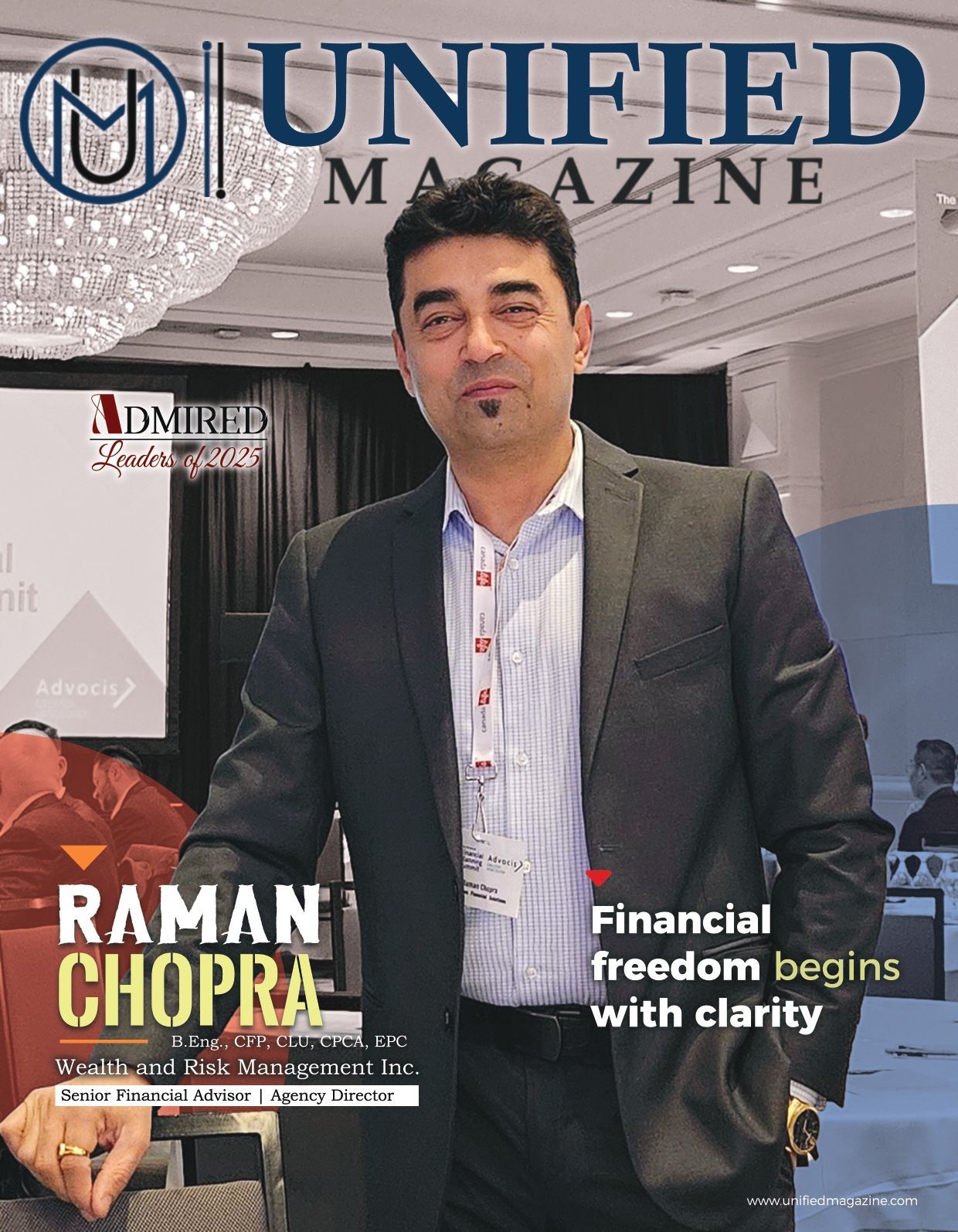 Man in a dark suit stands on a magazine cover titled “Unified Magazine” with the text “Financial freedom begins with clarity.”