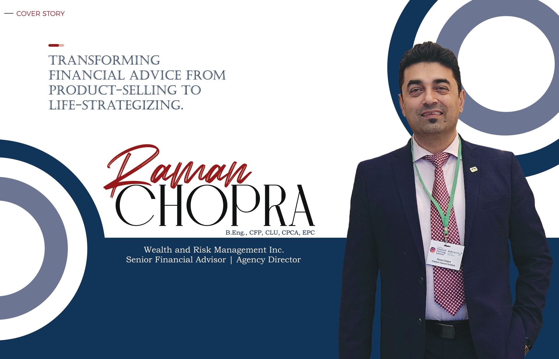 Promotional banner for Ramanan Chopra with his portrait, dark blue background, and white circular graphics