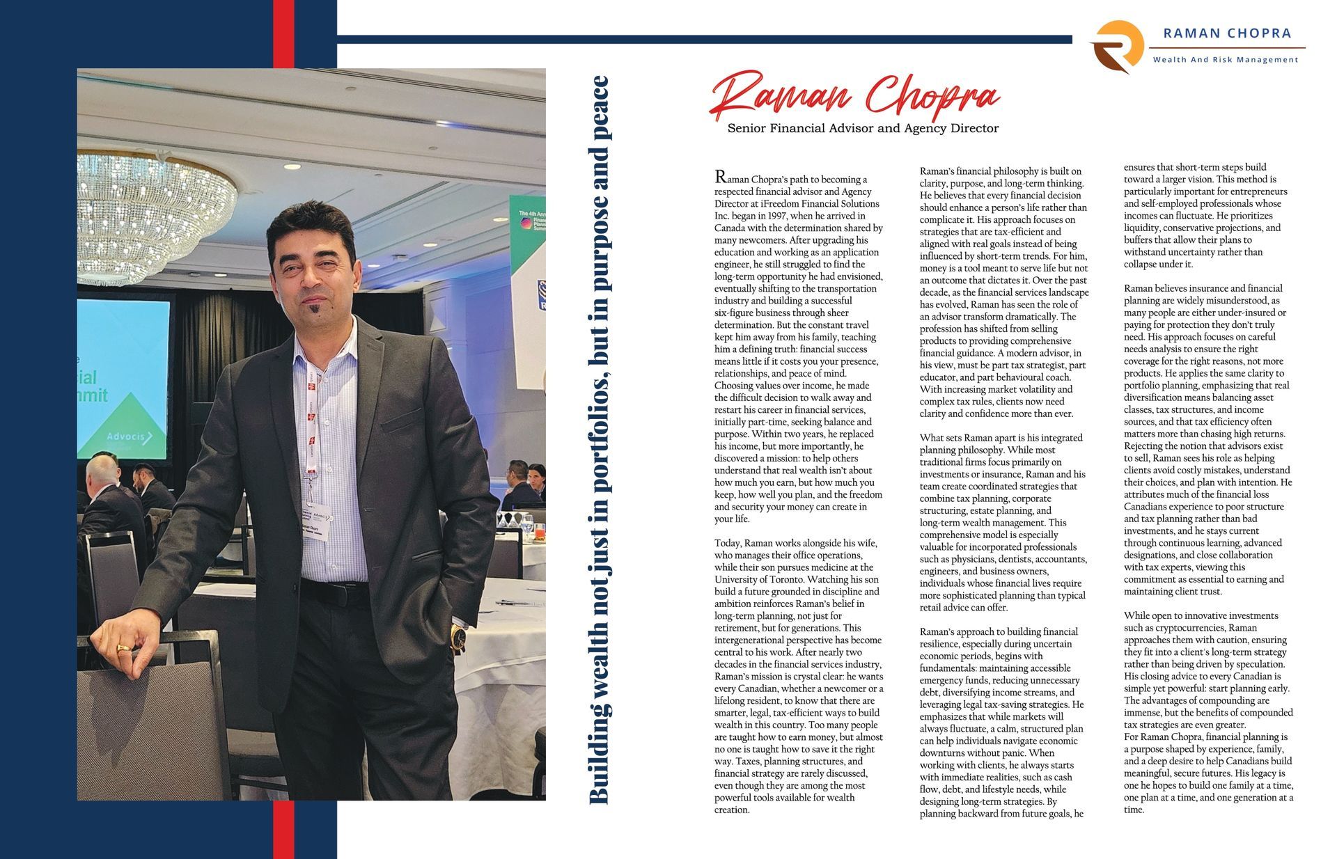Man in a black jacket stands indoors beside a magazine-style article layout.