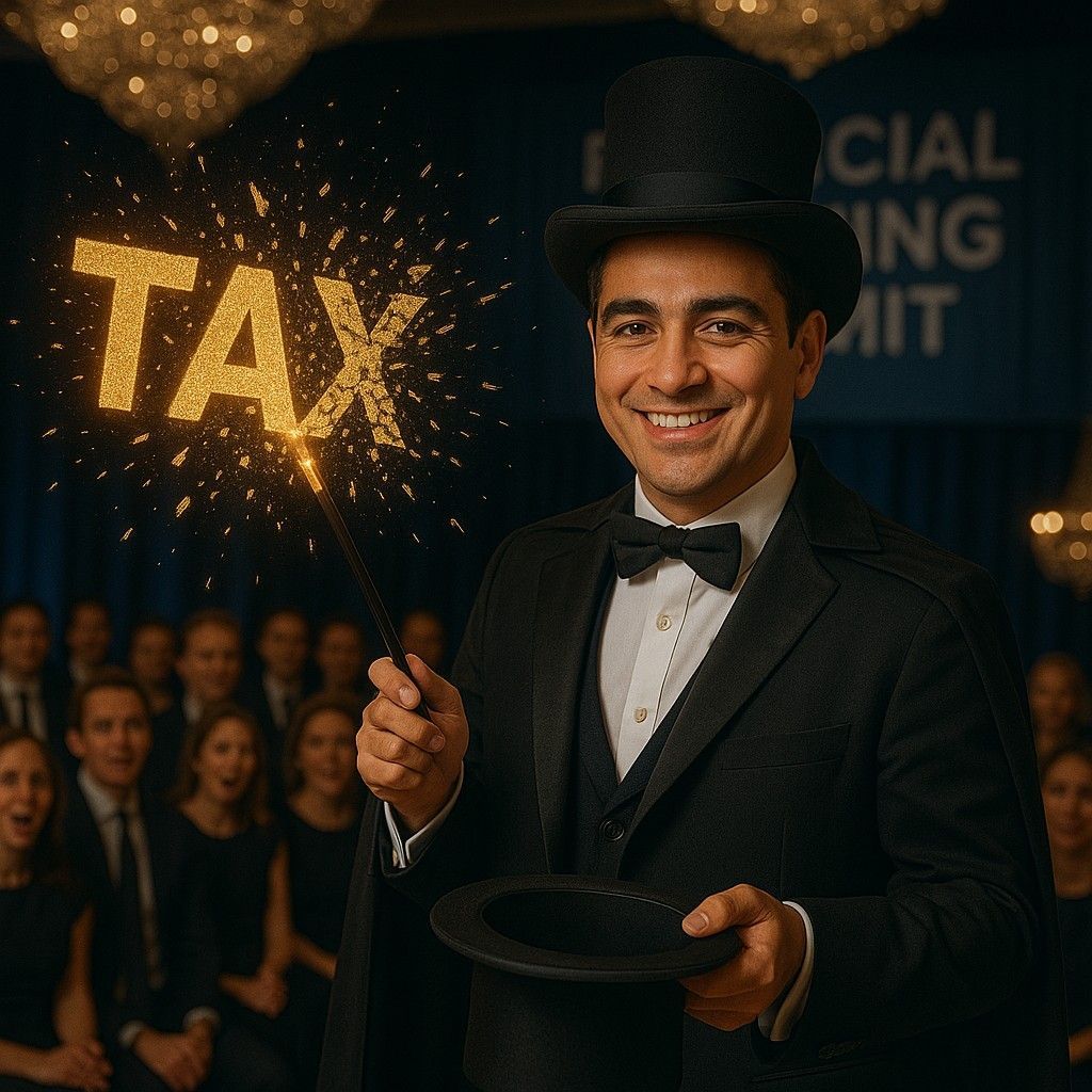 A smiling magician in a top hat and suit uses a wand to make the word 