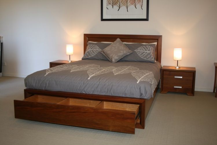 Wooden Bed With Storage Drawer Open — Hastings Specialty Furniture In Port Macquarie, NSW
