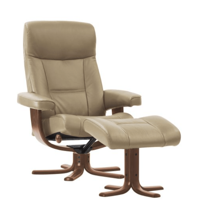 Beige Leather Recliner Chair With Matching Footrest — Hastings Specialty Furniture In Port Macquarie, NSW