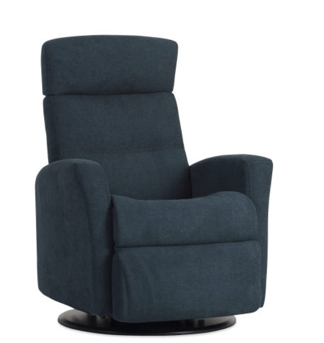 Blue Fabric Recliner Chair on a Black Swivel Base — Hastings Specialty Furniture In Port Macquarie, NSW