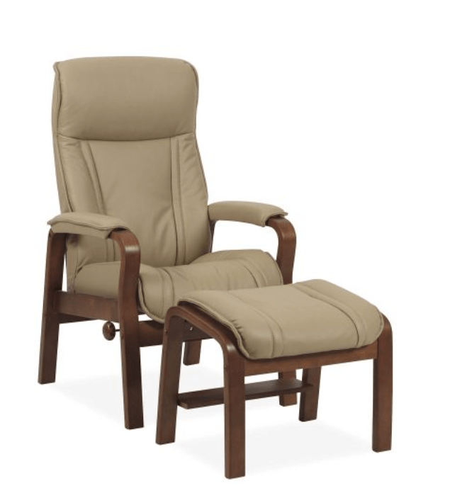 Tan Leather Recliner Chair and Footstool With Dark Wooden Frame — Hastings Specialty Furniture In Port Macquarie, NSW