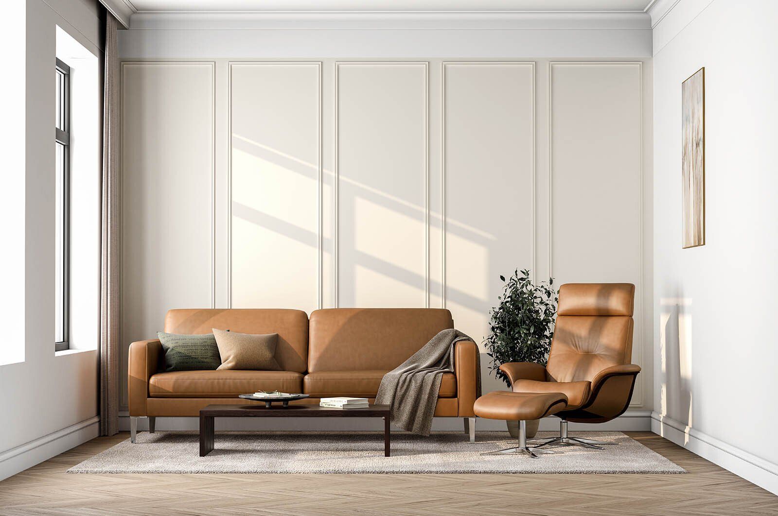 Living Room With a Tan Leather Sofa and Chair — Hastings Specialty Furniture In Port Macquarie, NSW