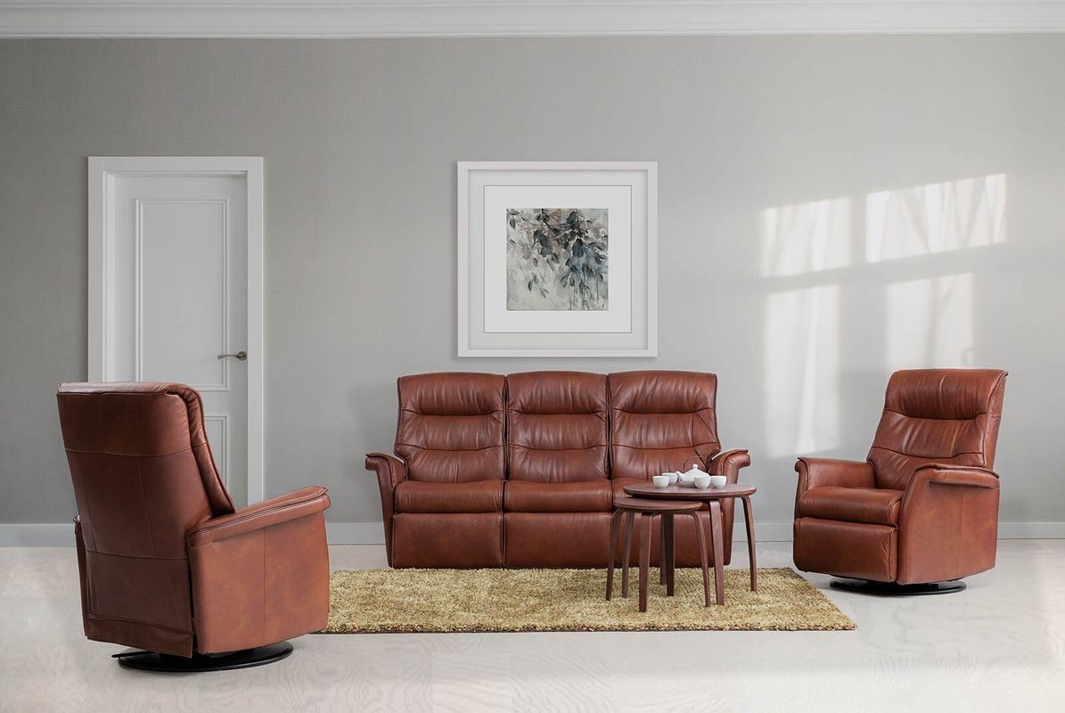 Living Room With Brown Leather Furnitures — Hastings Specialty Furniture In Port Macquarie, NSW