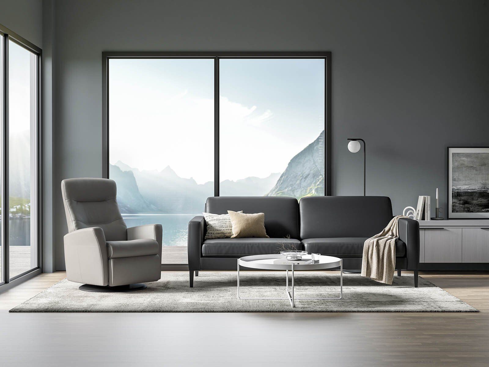 Living Room With Grey Sofa, Recliner, and Rug — Hastings Specialty Furniture In Port Macquarie, NSW