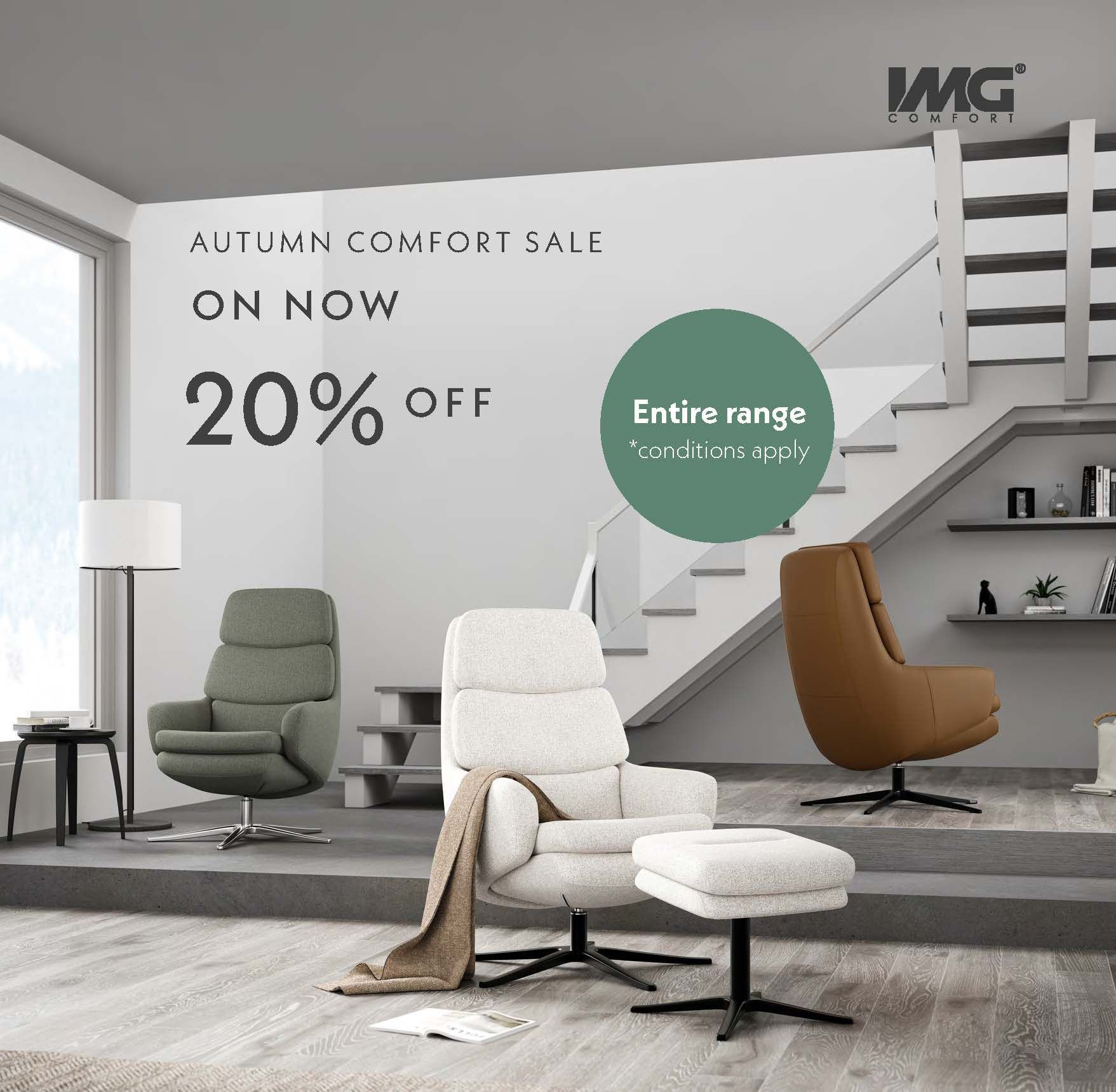 Autumn sale ad for IMG furniture featuring three armchairs in a modern room setting with 20% off the entire range.
