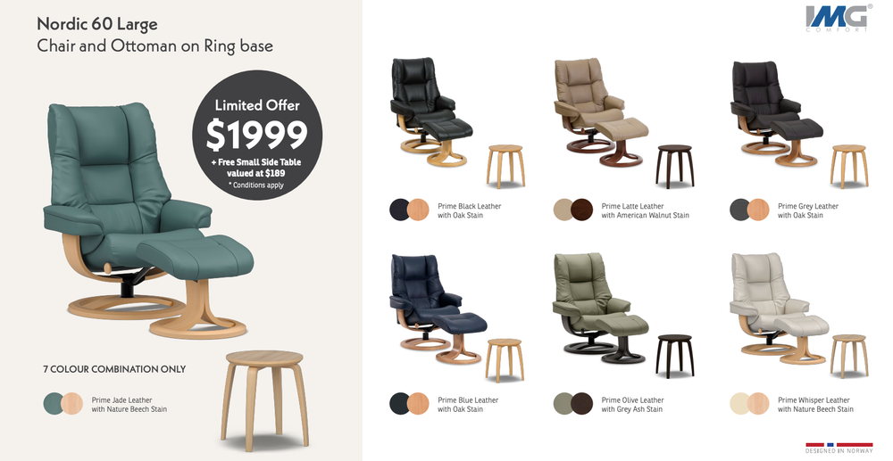 Nordic 60 Large Chair and Ottoman in Various Colors — Hastings Specialty Furniture In Port Macquarie, NSW