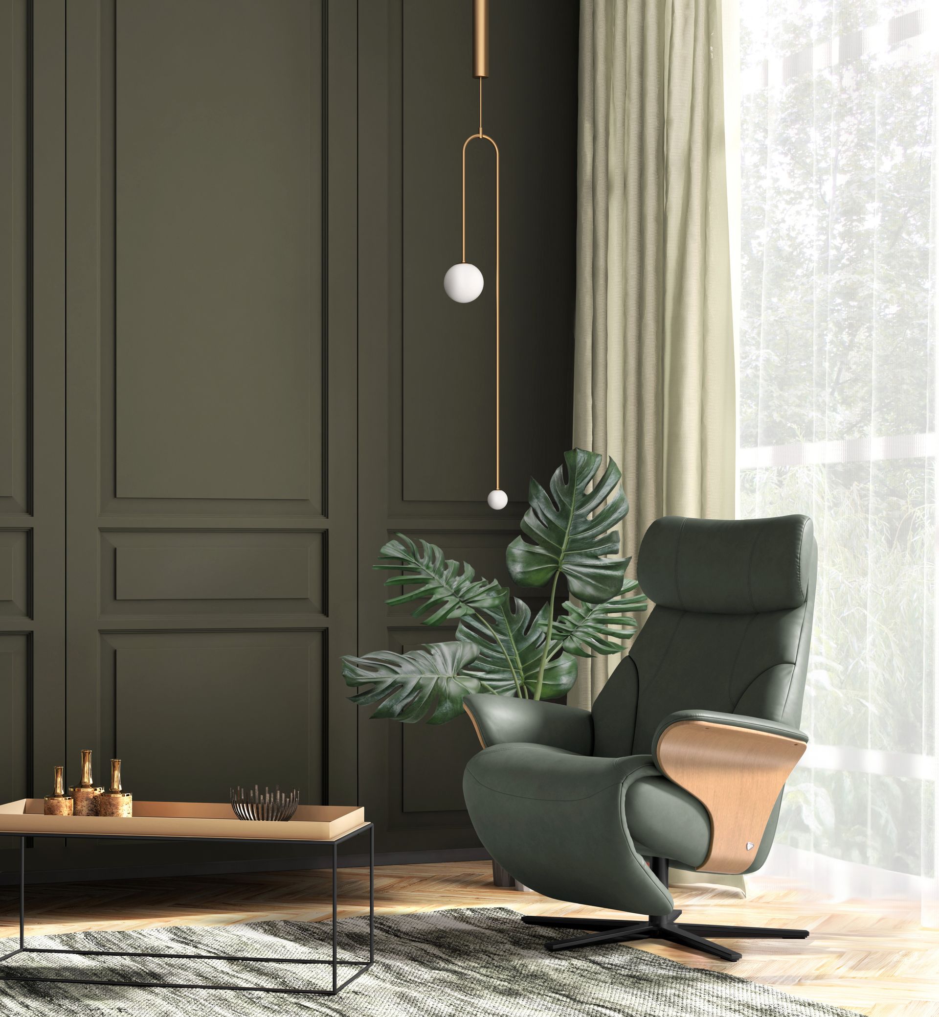A modern armchair in olive green leather with wood armrests sits in a room with dark green paneled walls and a pendant lamp.