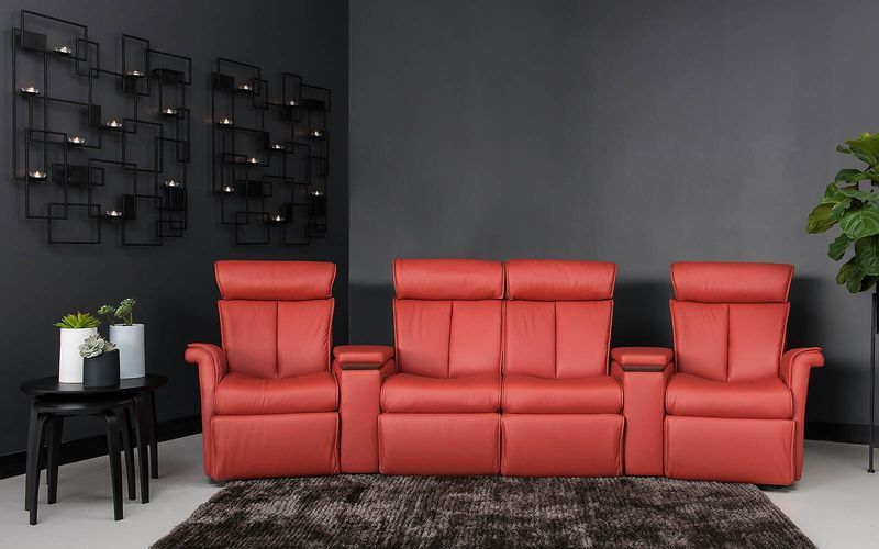 Red Leather Reclining Sofa in a Modern Room — Hastings Specialty Furniture In Port Macquarie, NSW
