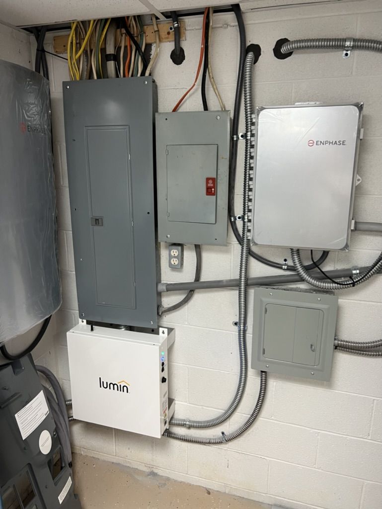 A room with a lot of electrical equipment on the wall.