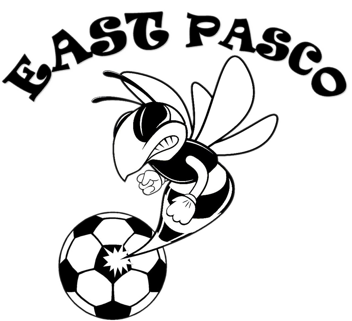 East Pasco soccer club logo: Angry wasp kicking a soccer ball. Black and white.