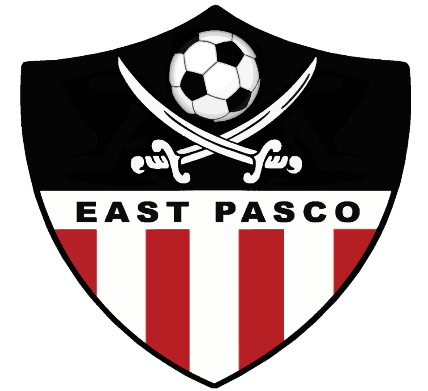 Shield logo for East Pasco soccer. Black and white soccer ball over crossed swords. Red and white striped shield.