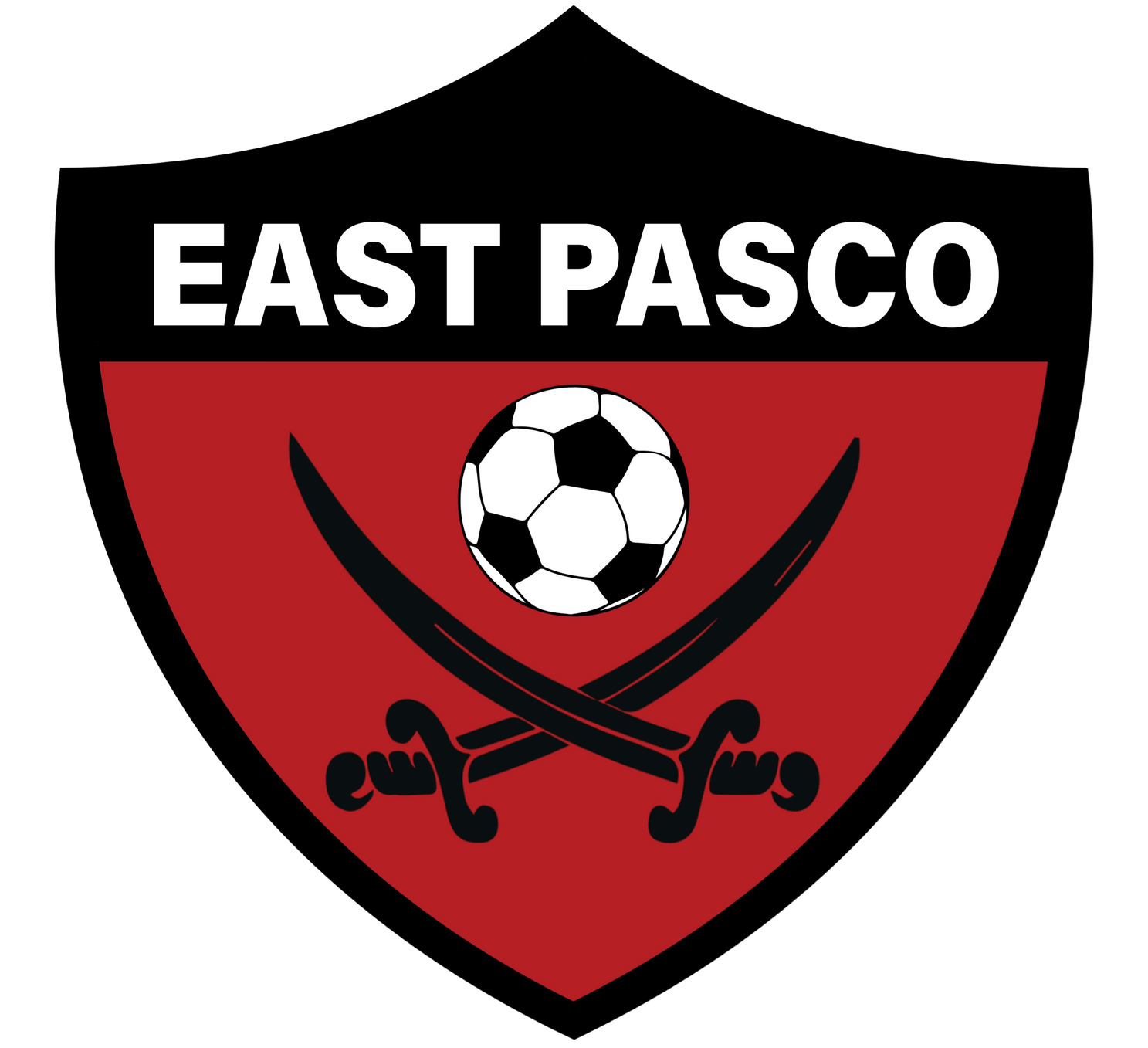East Pasco soccer logo: shield with a soccer ball, crossed swords, and text 