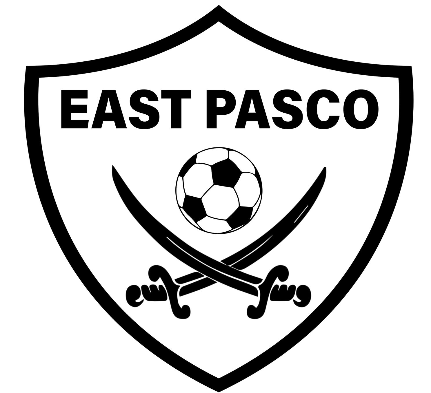 Black and white logo: East Pasco text, soccer ball, crossed swords, shield shape.