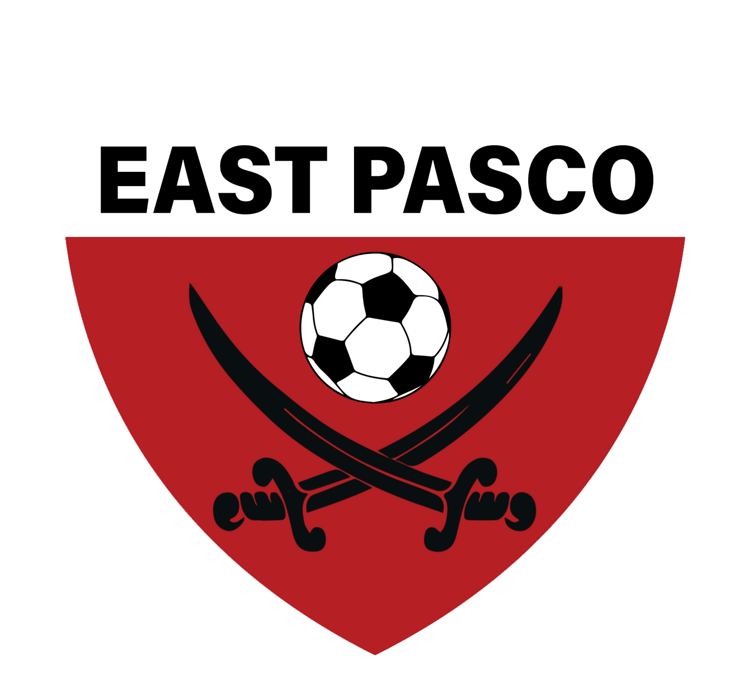 East Pasco soccer logo: red shield with black crossed swords, soccer ball, and text.