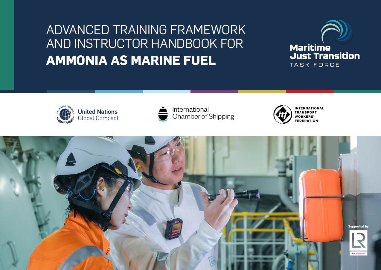 Handbook cover for ammonia as marine fuel training, showing two crew members, safety equipment.