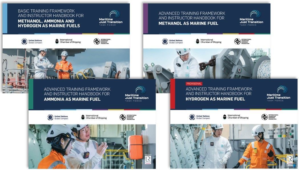 Four brochures with industrial workers, company logos, and text overlays in varying colors.