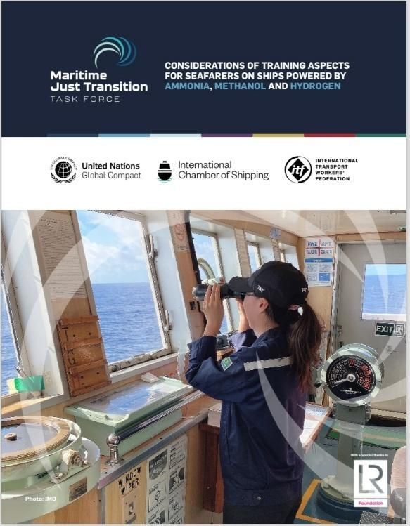 Cover: Woman on a ship looking through binoculars. Title reads: Considerations of Training Aspects for Seafarers on Ships.