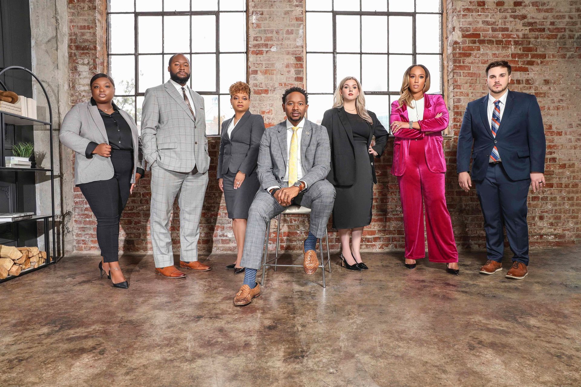 Seven people in business attire pose in a room with brick walls and windows.