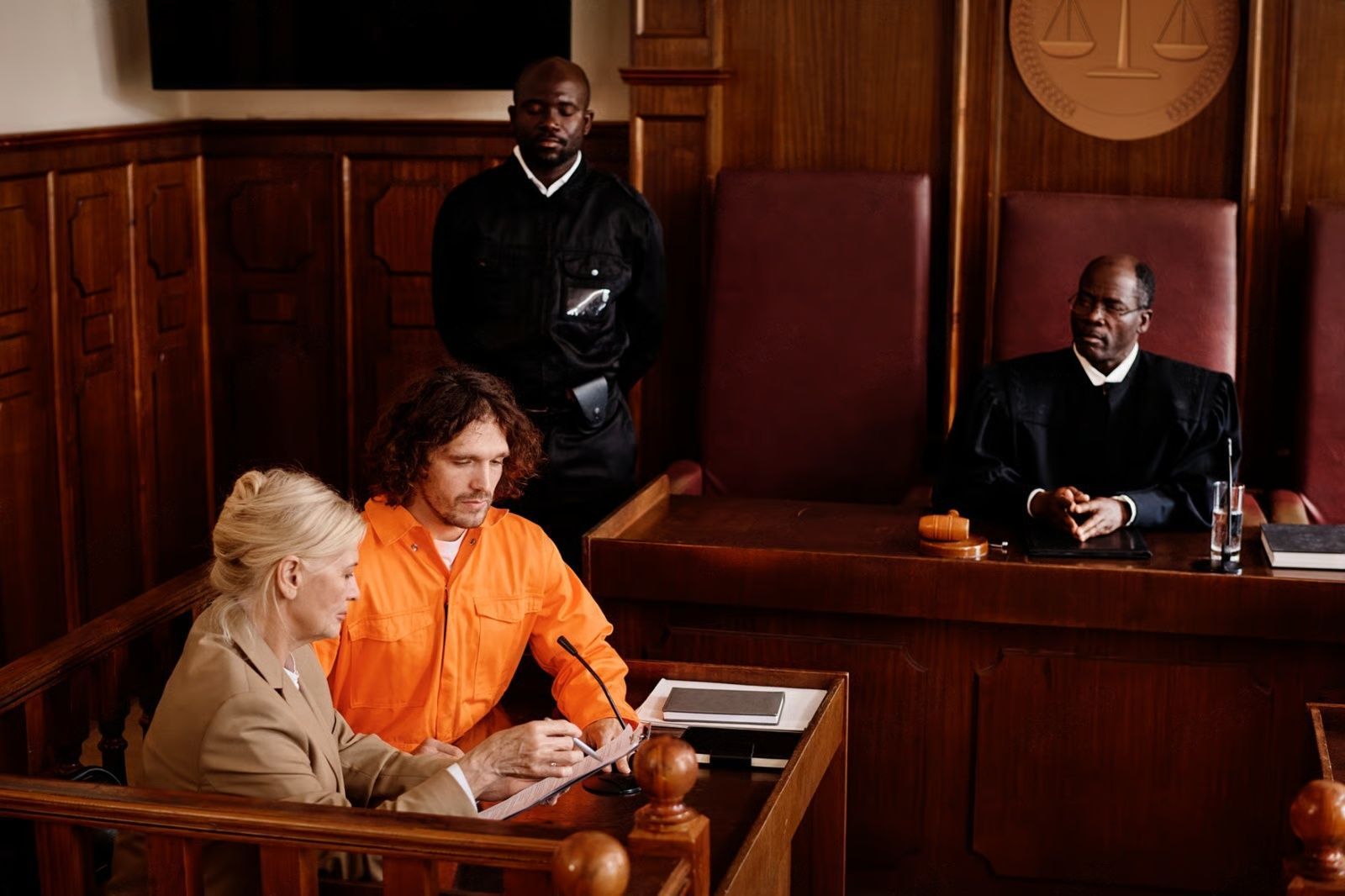 A defendant in an orange jumpsuit sits with a lawyer in court. Judge and guard are also present.