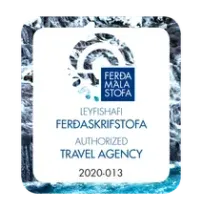 Authorized Travel Agency logo with ocean wave border and Icelandic text.