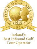 World Golf Awards Winner 2024: Iceland's Best Inbound Golf Tour Operator. Gold seal with golfer kissing a golf ball.