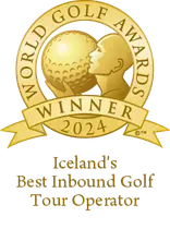 World Golf Awards Winner 2024: Iceland's Best Inbound Golf Tour Operator. Gold seal with golfer kissing a golf ball.