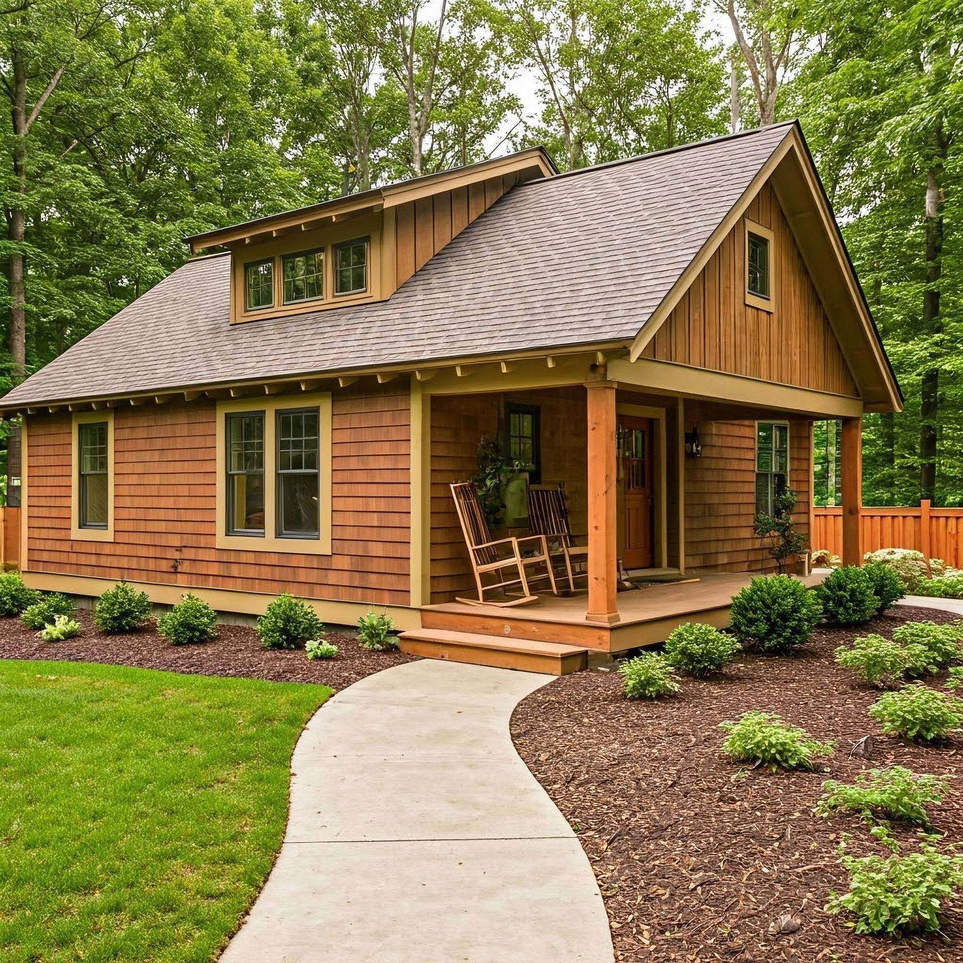 A small wooden house with a rocking chair on the porch